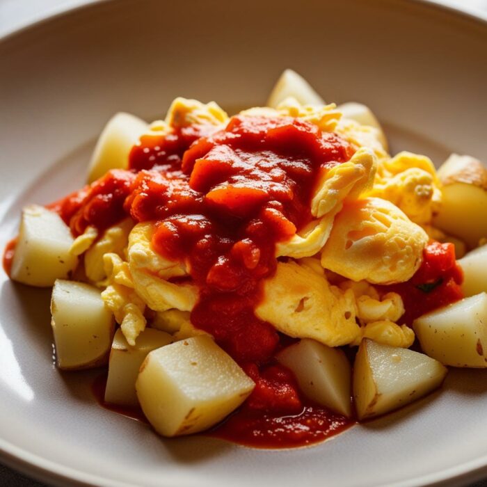 365 Yummy Days - Oeufs brouillés aux pommes de terre et sauce tomate